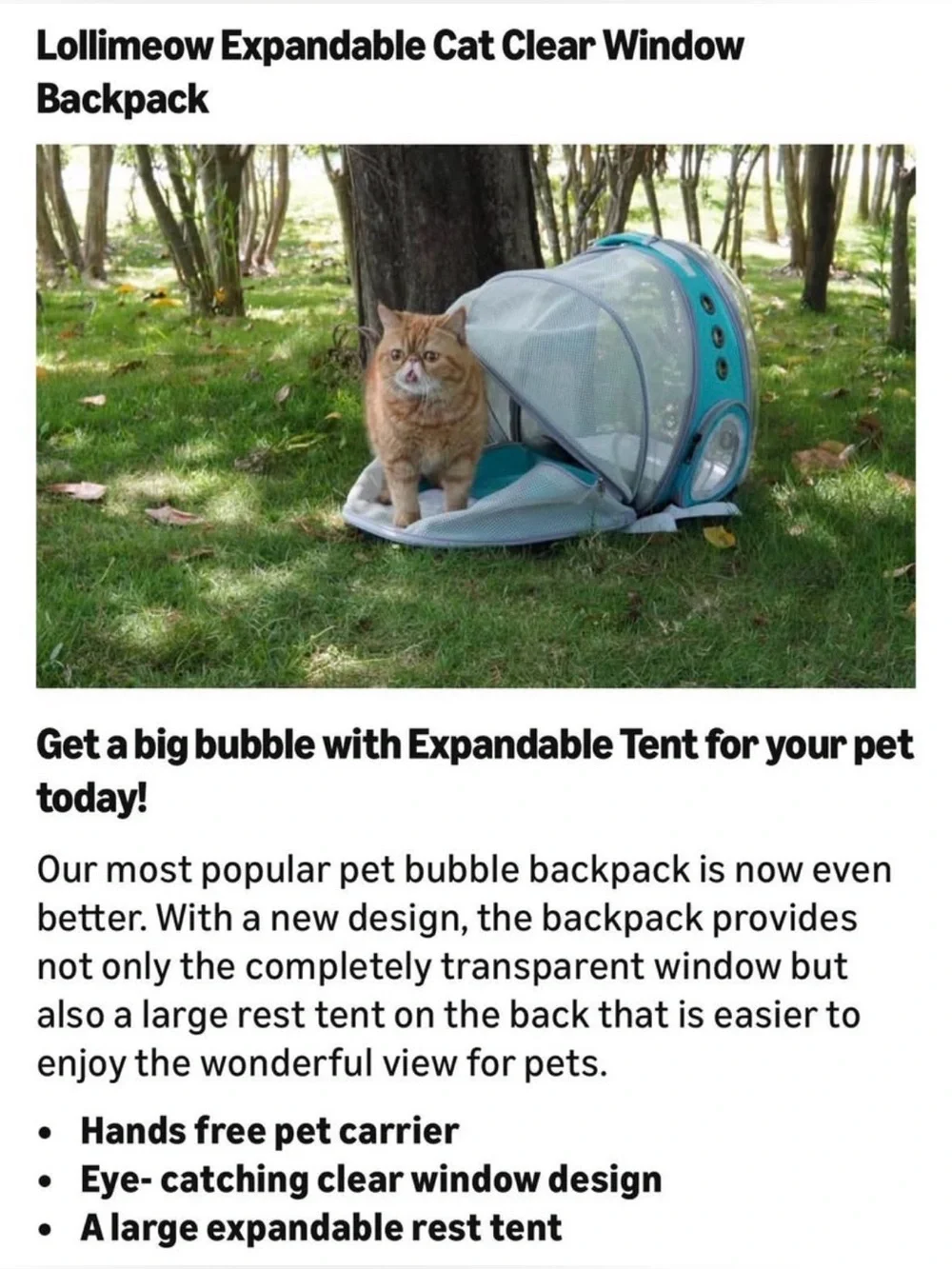 Lollimeow Expandable Cat Bubble Backpack Carrier